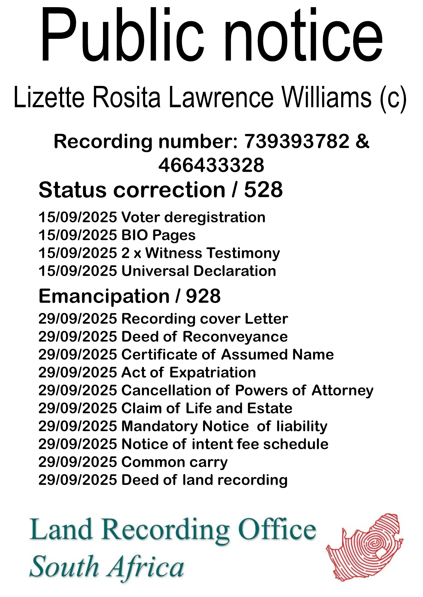 Public notice Lizette Rosita Lawrence Williams Recording number 739393782 & 466433328